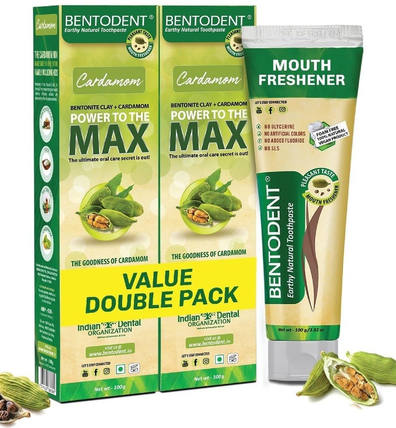 Bentodent Natural Toothpaste | Herbal Whitening & Daily Oral Detox | SLS, Fluoride & Foam Free | Safe for Kids & Family | Refreshing Cardamom Flavor | Remineralizing Toothpaste (Cardamom – Pack of 2, Total 200 g) - Image 1